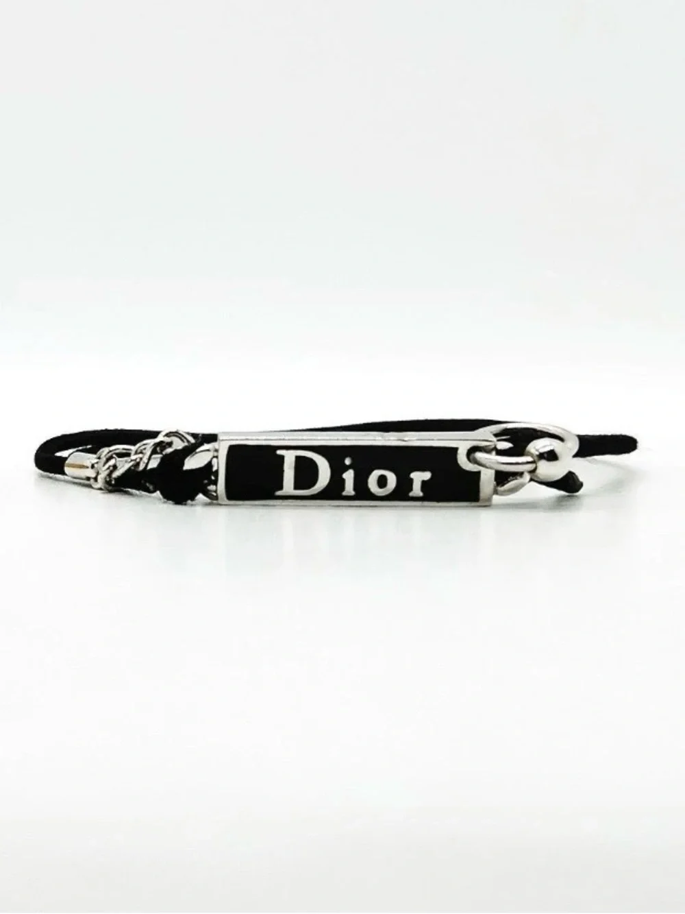 Vintage Christian Dior Silver Logo Tag Black String Double-Layered Wrap Bracelet - Picture 3 of 9